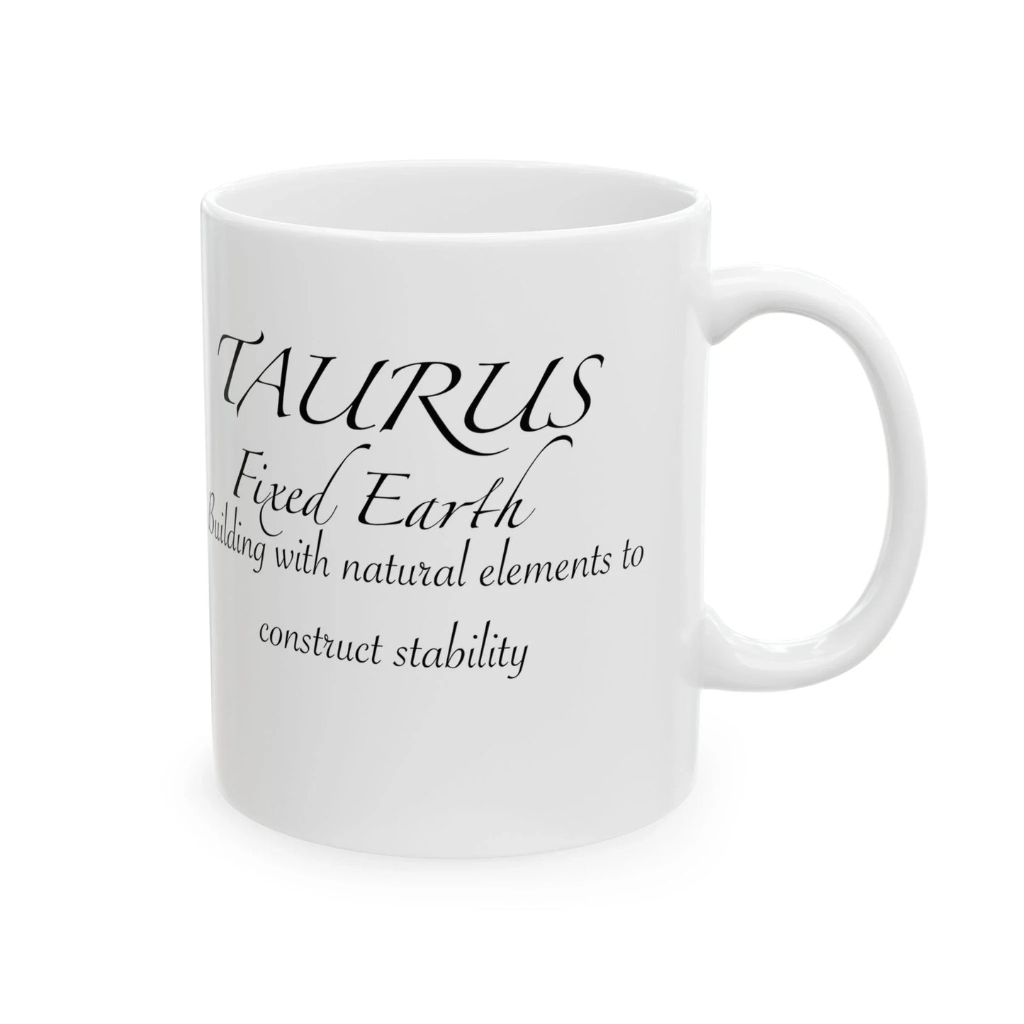 White Taurus astrology mug with 'Fixed Earth' text, ideal for zodiac lovers and metaphysical enthusiasts