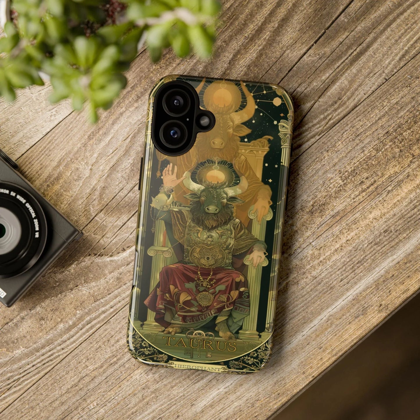 Taurus "The Hierophant" Tarot Card Phone Case on a wooden table