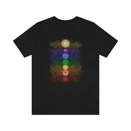 Image 1: A close-up of the 7 Chakras Shirt, showing the vibrant, stacked chakra symbols on a black t-shirt.