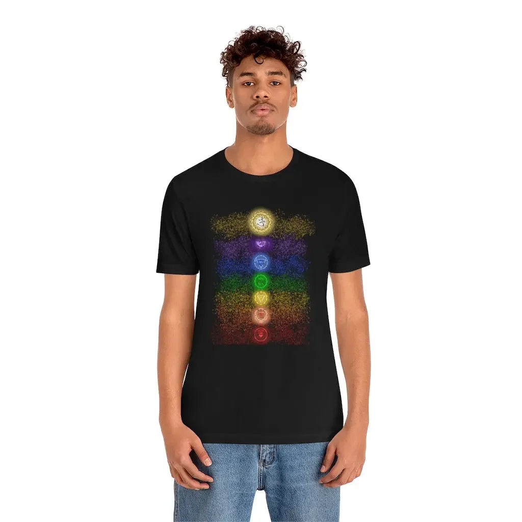 Black t-shirt with colorful chakra energy design, spiritual and holistic apparel for mindfulness and balance