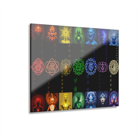 Seven Chakras Acrylic Wall Art shown in the 14" x 11" size on a white background.