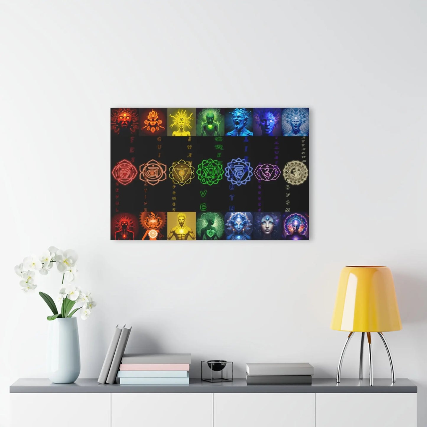Seven Chakras Wall Art displayed in a modern living room setting to show scale.