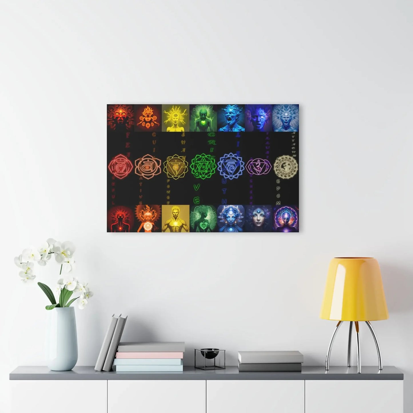 Vibrant chakra wall art featuring seven energy centers with symbolic figures and affirmations for spiritual balance