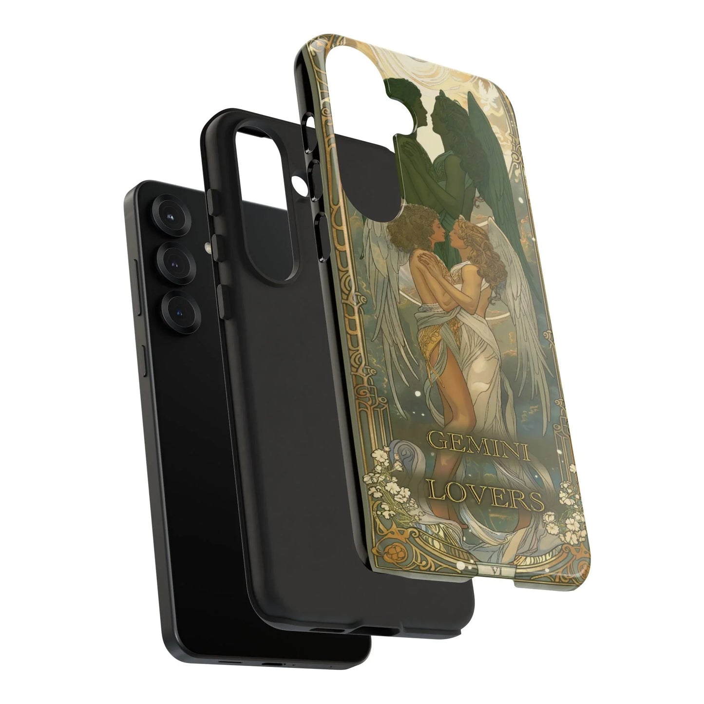 Gemini "The Lovers" Tarot Card Phone Case iPhone 17 showing layers at an angle