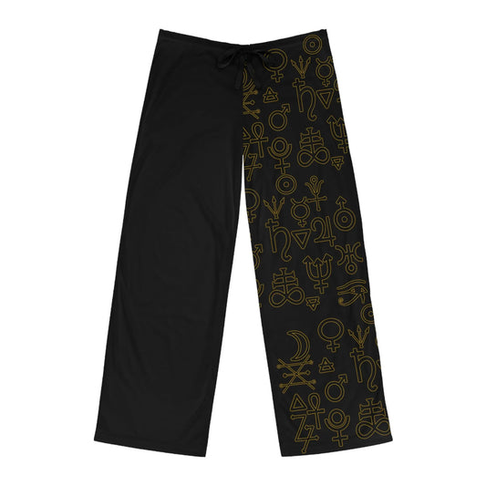 Alchemist Men's Lounge Pants - Front view showing gold alchemical symbols on the left leg.
