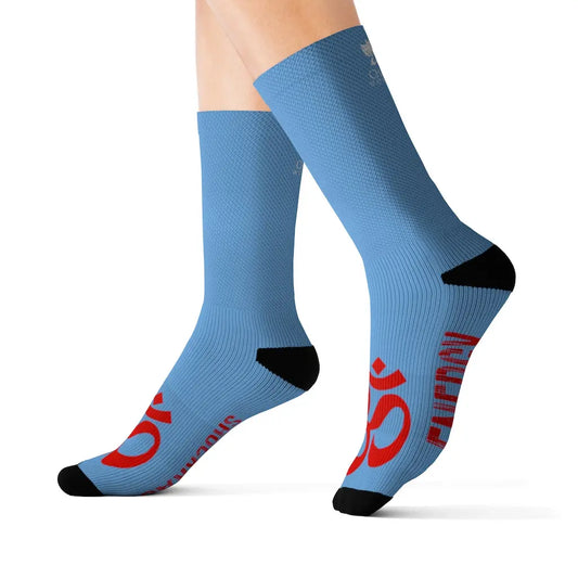 Model (White Background): Model wearing the OM Chakra Socks to show fit and length.