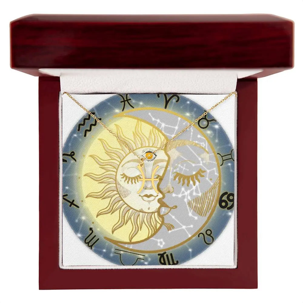 Gold Zodiac Sign Charm Necklace in a luxury mahogany gift box with LED light.