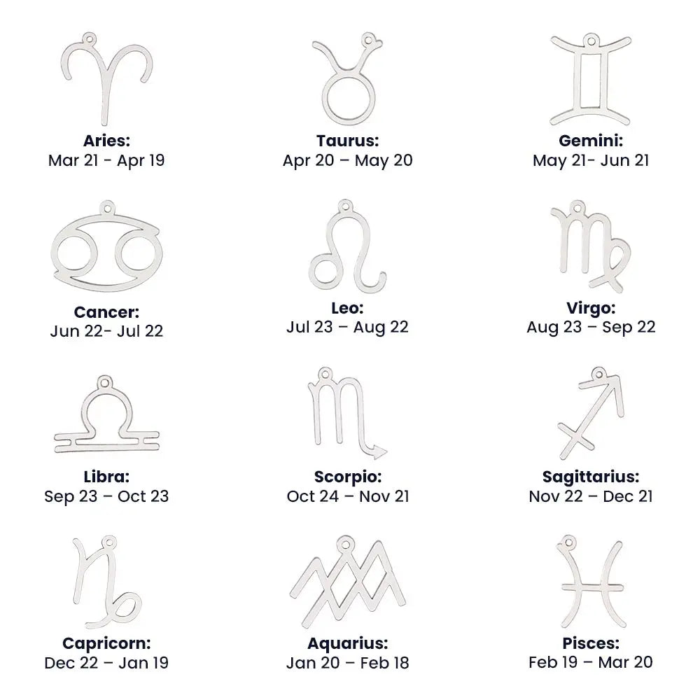 All 12 silver zodiac sign charms displayed with their corresponding dates.