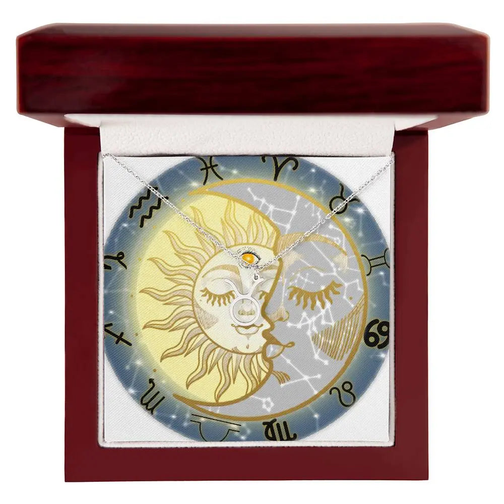 Silver Zodiac Sign Charm Necklace in a luxury mahogany gift box with LED light.