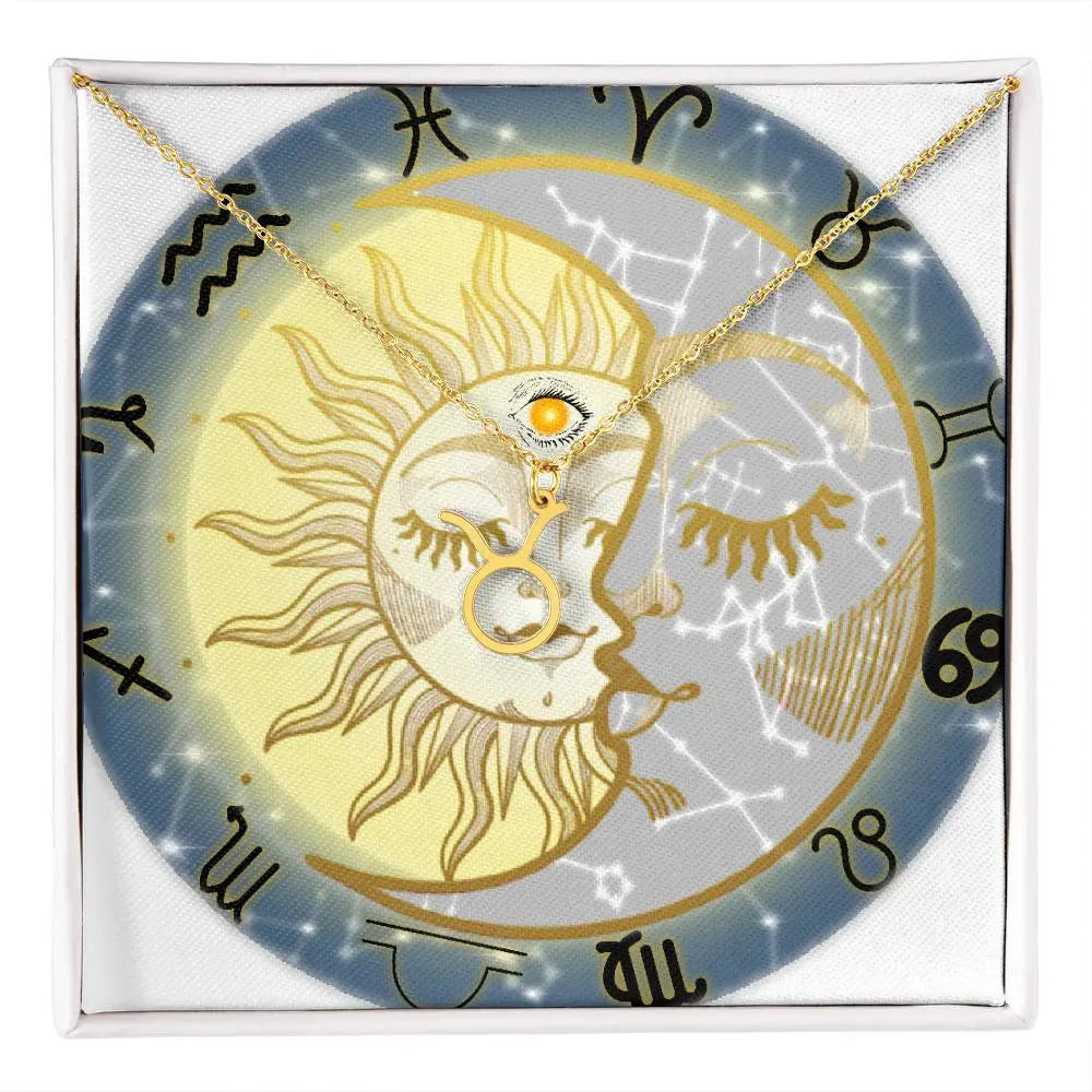 Close-up of a silver Zodiac Sign Charm Necklace on a celestial background.