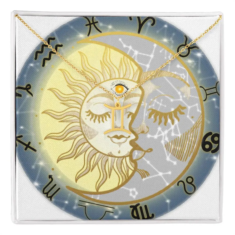 Close-up of a gold Zodiac Sign Charm Necklace on a celestial background.