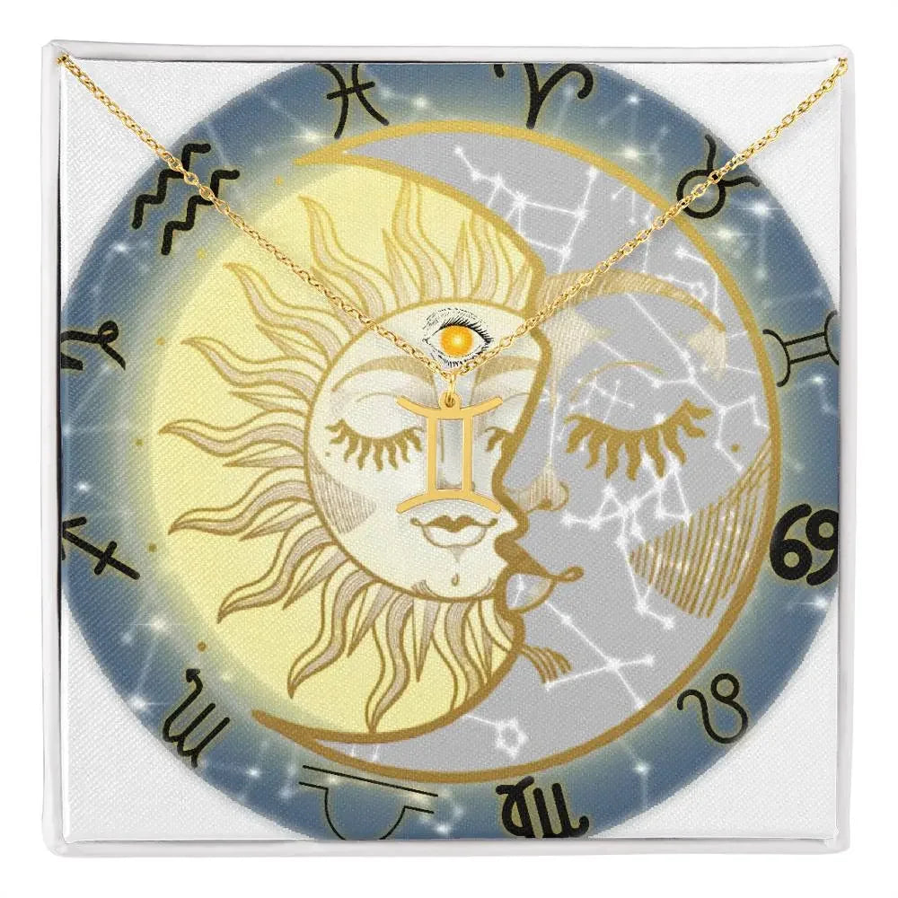 Close-up of a gold Zodiac Sign Charm Necklace on a celestial background.