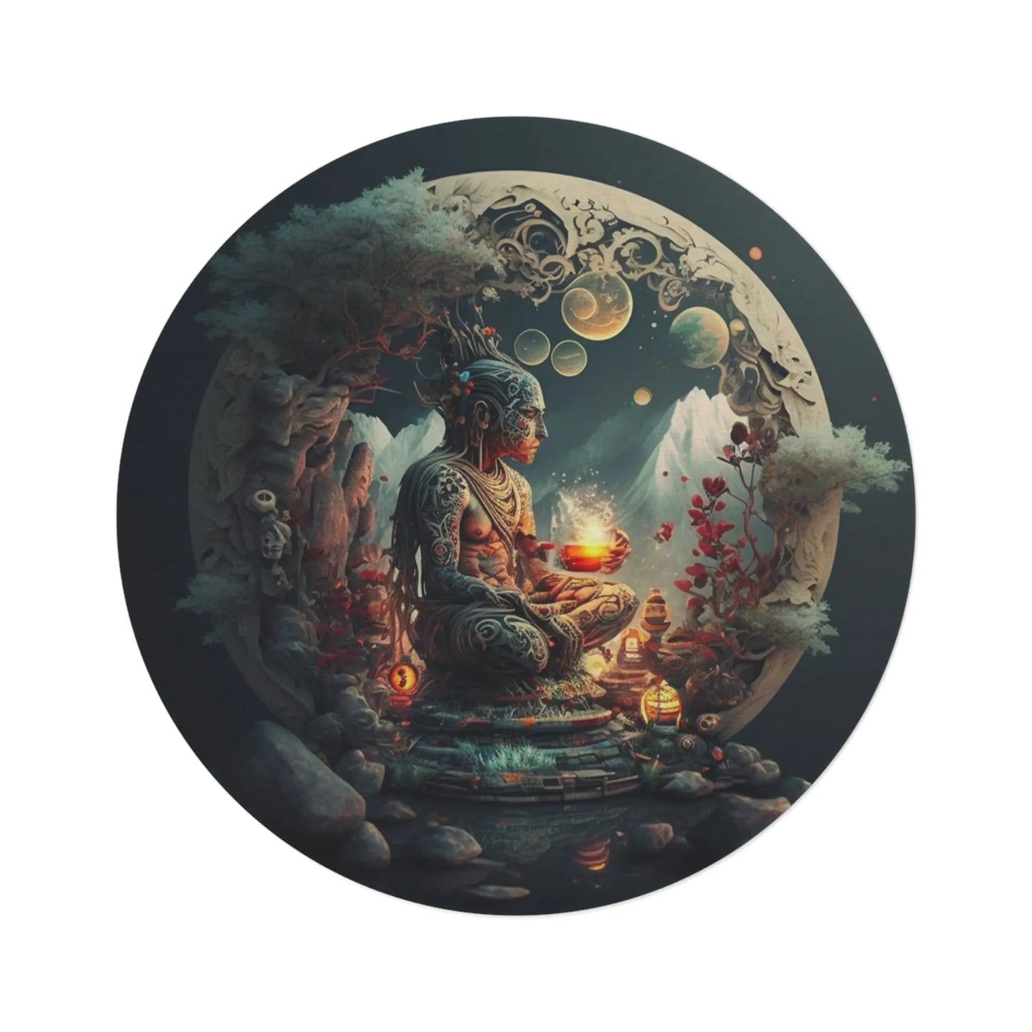 "Sacred Ancestors" Round Rug on a white background, showing the full lineage design.