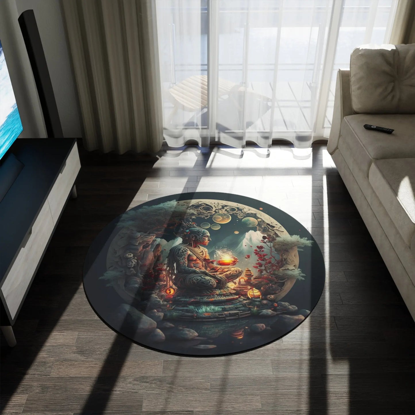 The 60x60" "Sacred Ancestors" Rug shown in a modern living room next to a sofa.