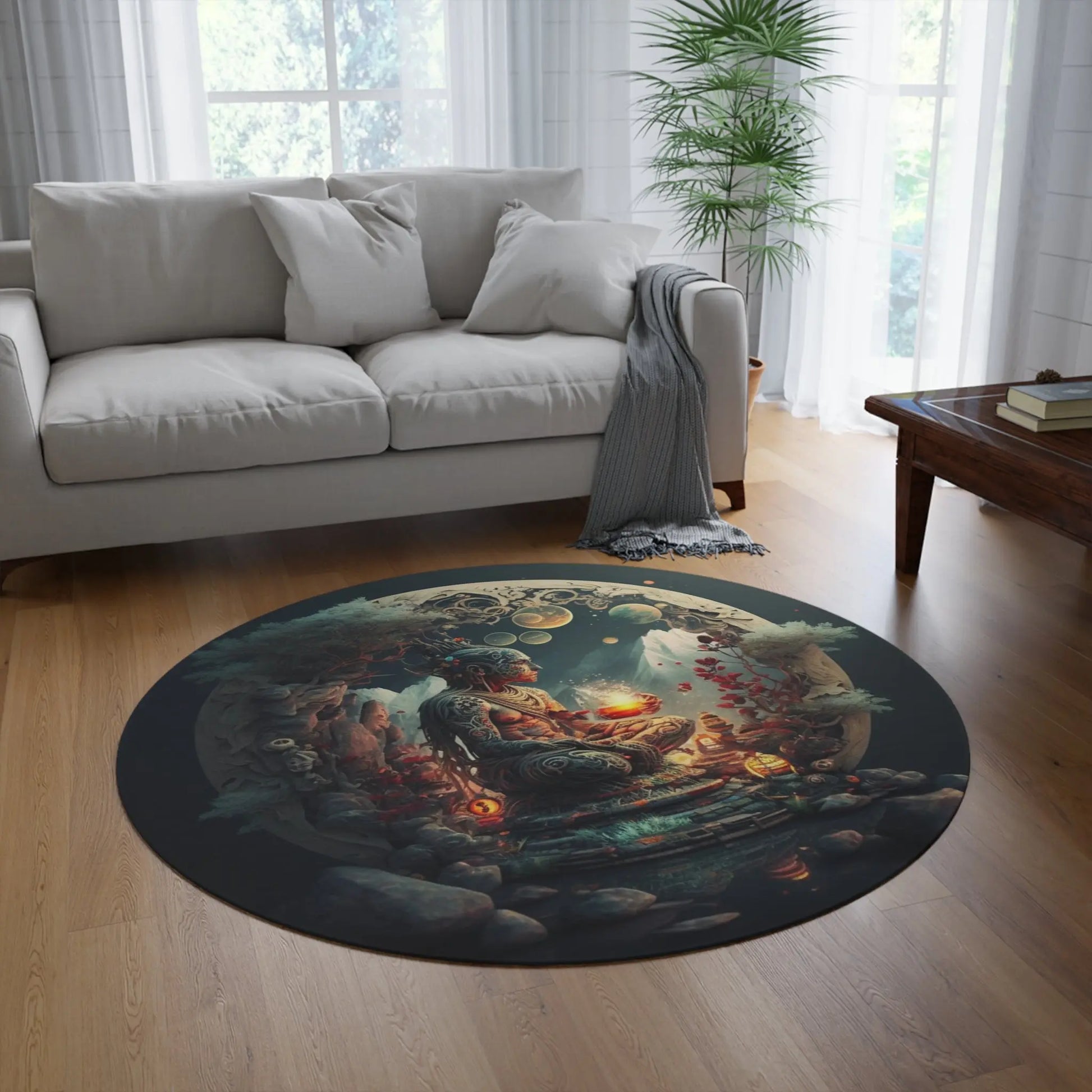 A different living room setting featuring the "Sacred Ancestors" Round Rug as a centerpiece.