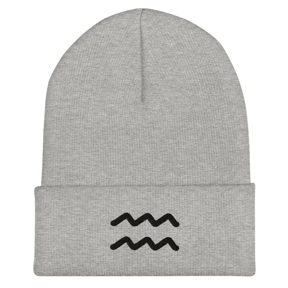 Gray Aquarius Zodiac Beanie - Front view of embroidered knit hat.