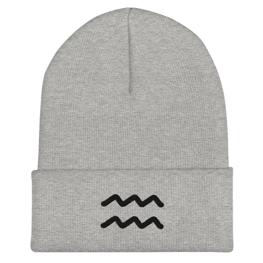 Gray Aquarius Zodiac Beanie - Front view of embroidered knit hat.
