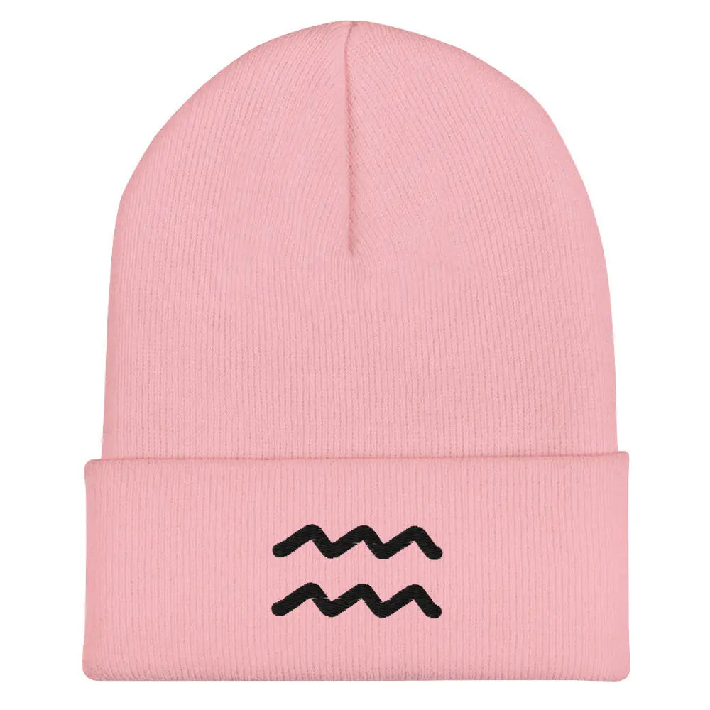 Pink Aquarius Zodiac Beanie - Front view of embroidered knit hat.