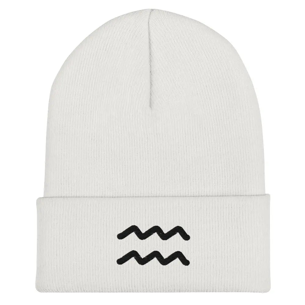 White Aquarius Zodiac Beanie - Front view of embroidered knit hat.