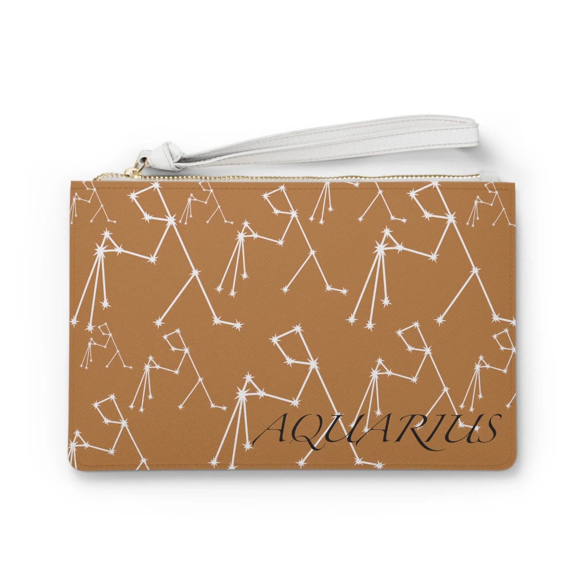 Aquarius Zodiac Clutch - Front view of brown vegan leather purse with white constellation print.