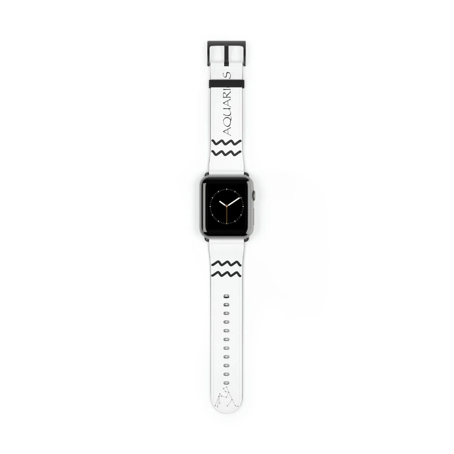 White Aquarius Zodiac Yang Watch Band with a Black buckle attached to watch.