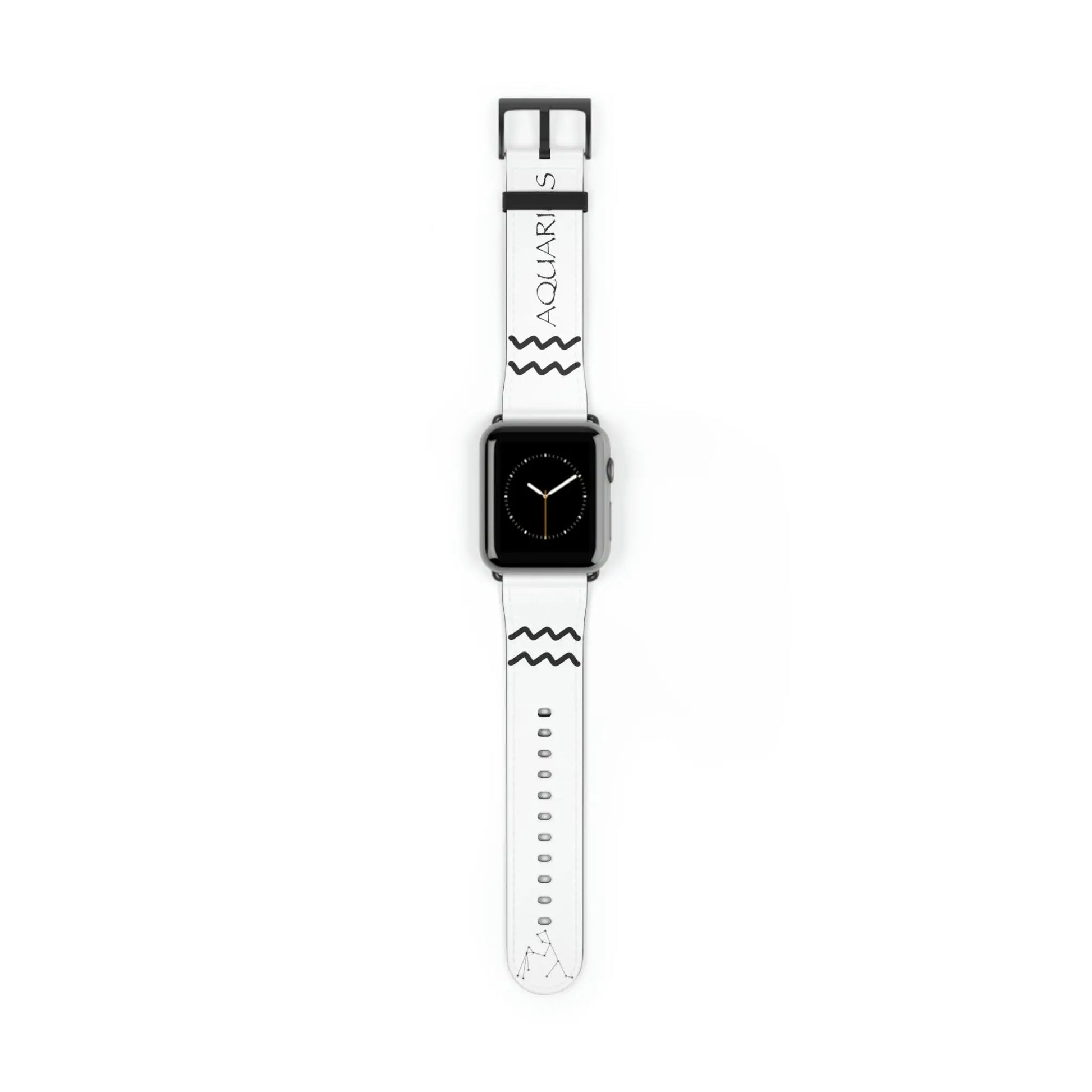 White Aquarius Zodiac Yang Watch Band with a Black buckle attached to watch.