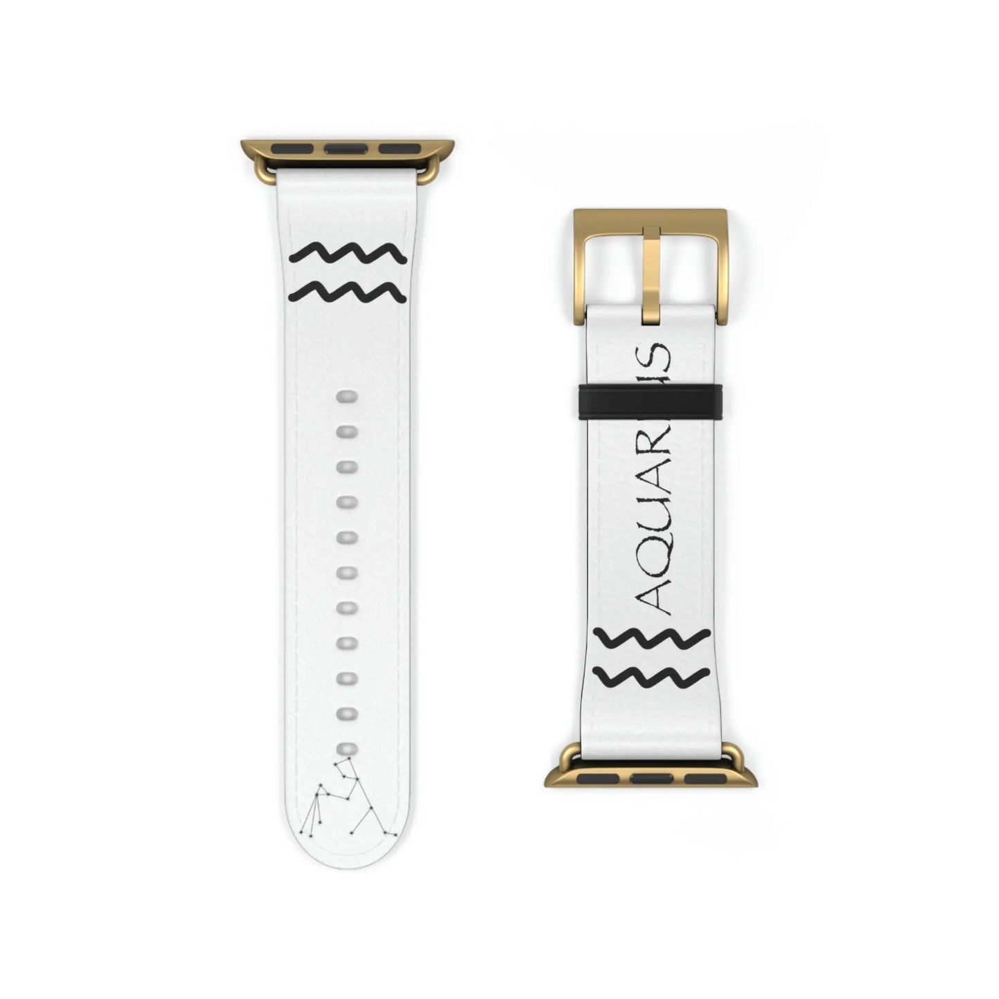 White Aquarius Zodiac Yang Watch Band with a gold buckle.