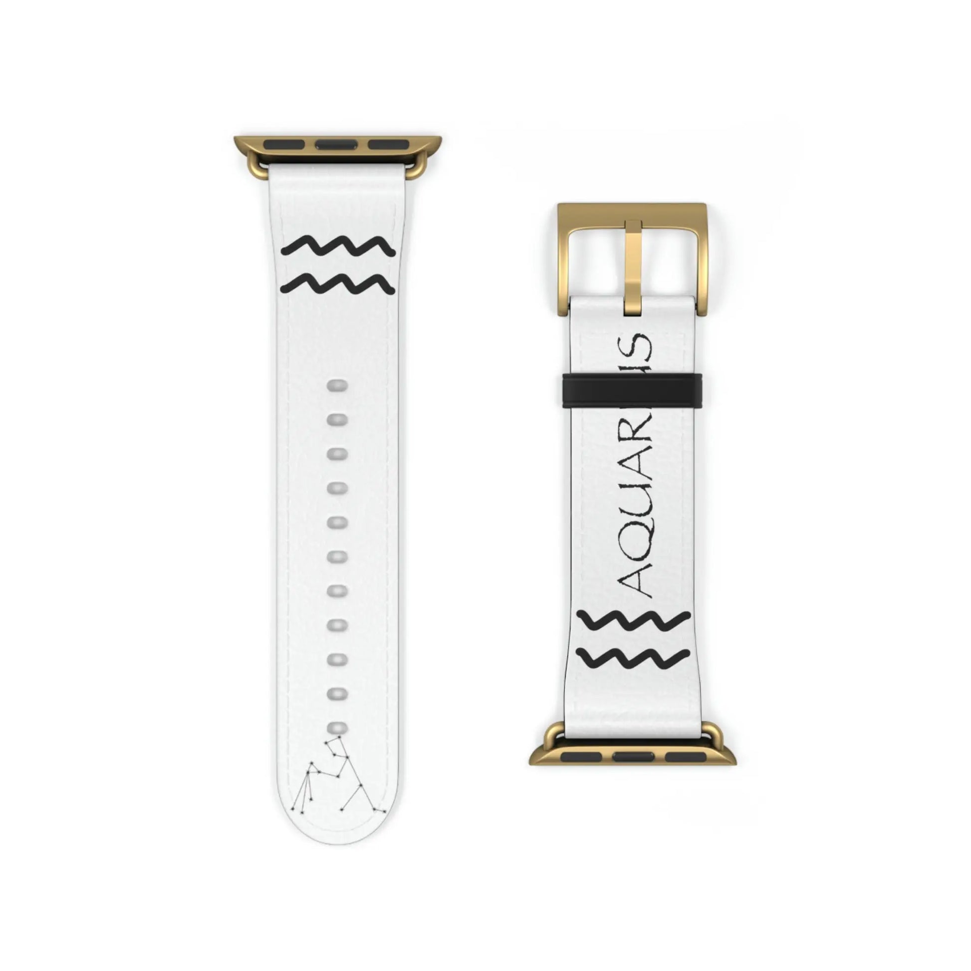 White Aquarius Zodiac Yang Watch Band with a gold buckle.