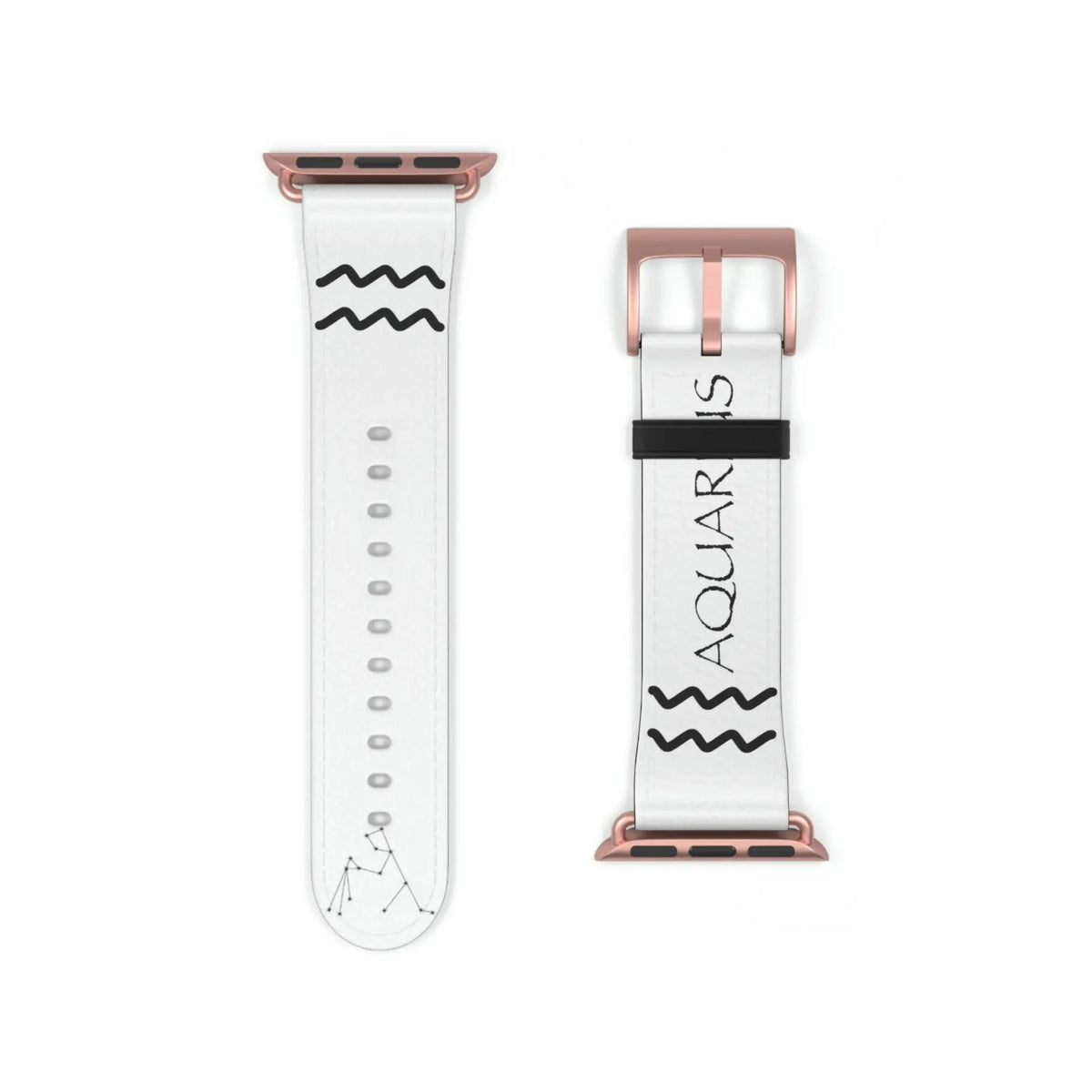 White Aquarius zodiac watch band with constellation and symbol, rose gold buckle, astrology accessory