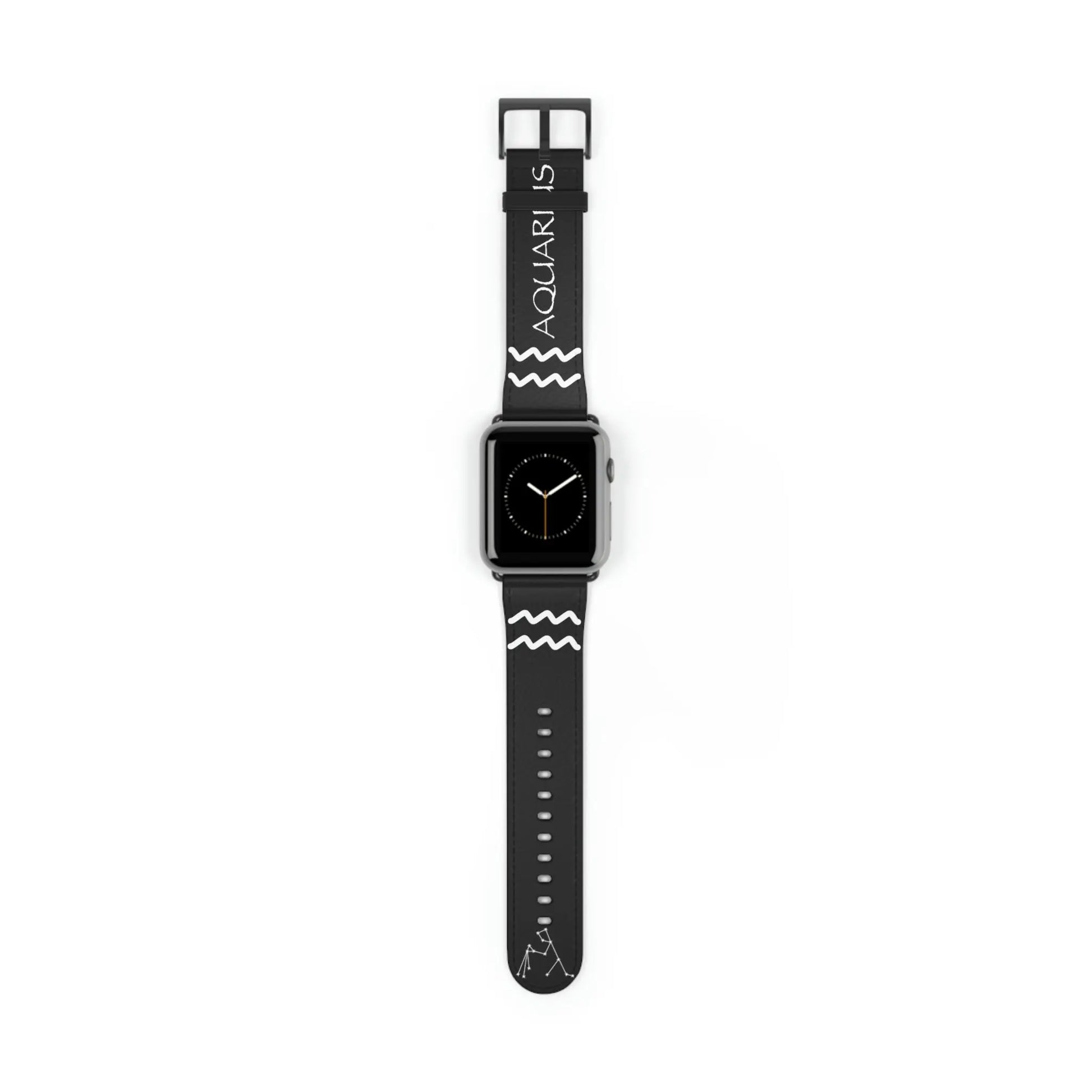 Black Aquarius Zodiac Yin Watch Band with a Black buckle attached to watch.
