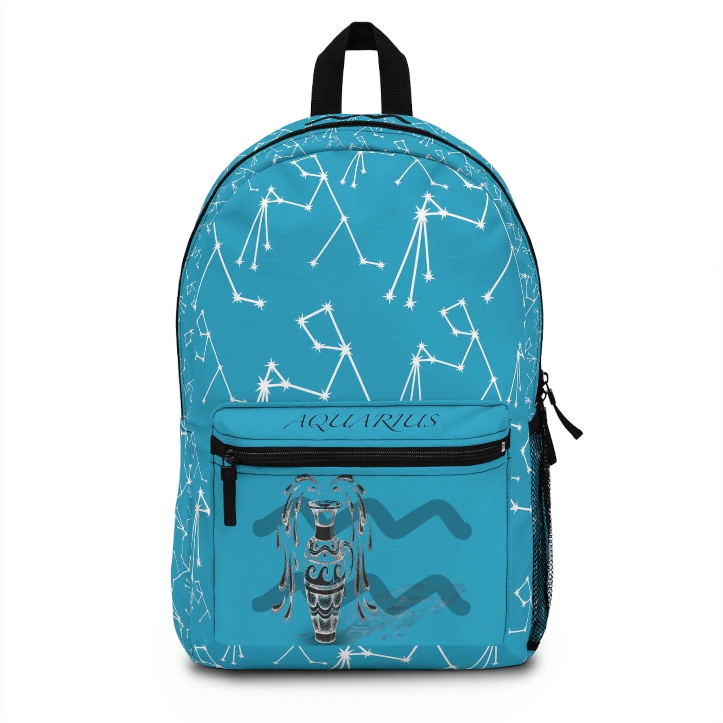 Light blue Aquarius Zodiac Backpack - Front view showing the constellation print and front pocket emblem.
