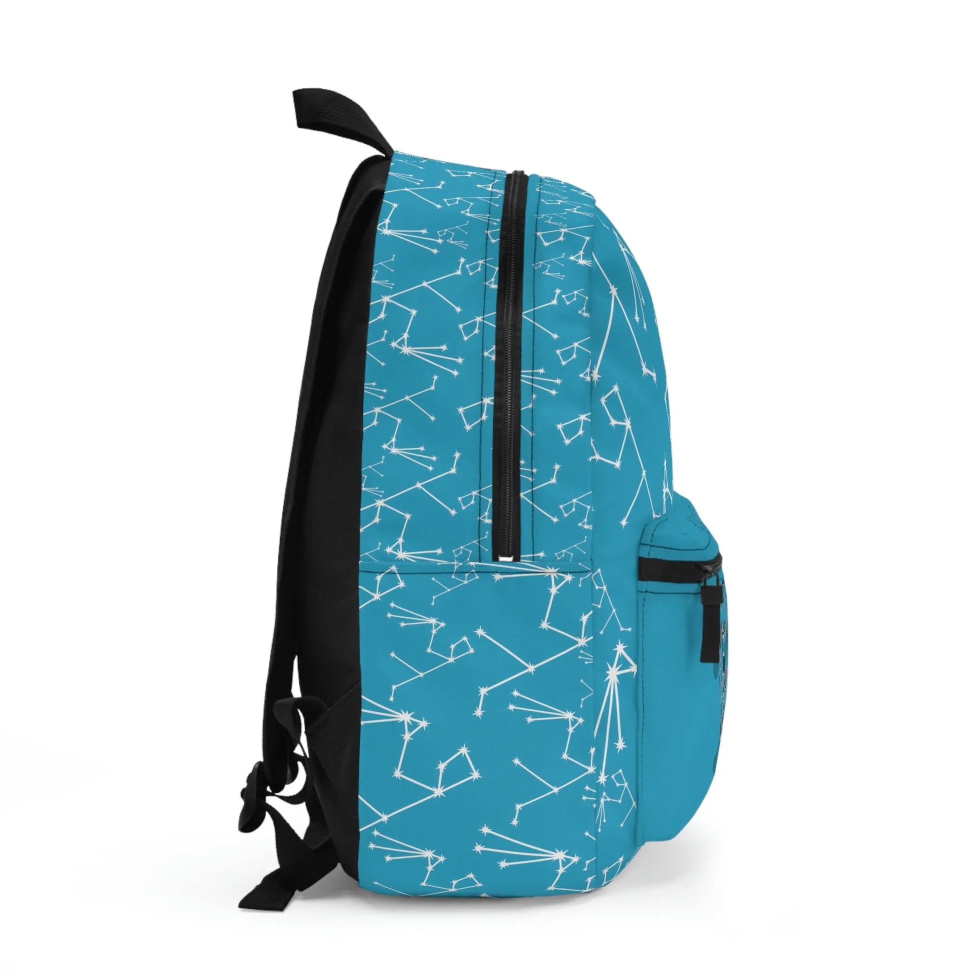 Light blue Aquarius Zodiac Backpack - Right side profile showing strap and pocket details.