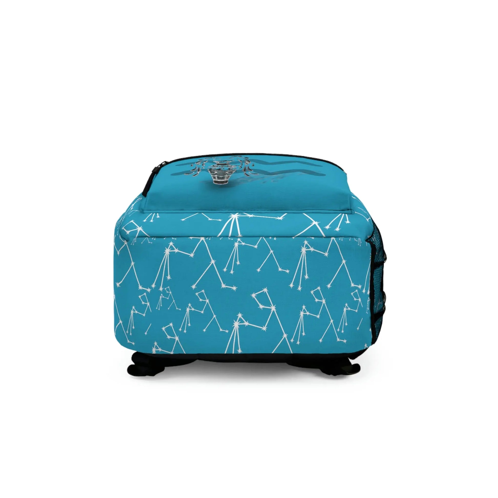 Bottom view of the light blue Aquarius Zodiac Backpack, showing the base construction.