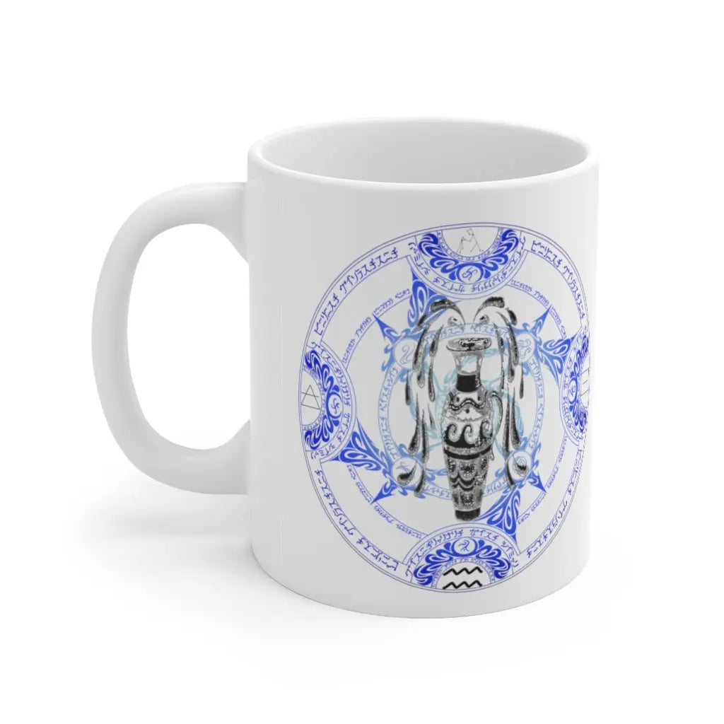 Aquarius Zodiac Mug - Right side with intricate blue elemental sigil and Water Bearer, clean white background.