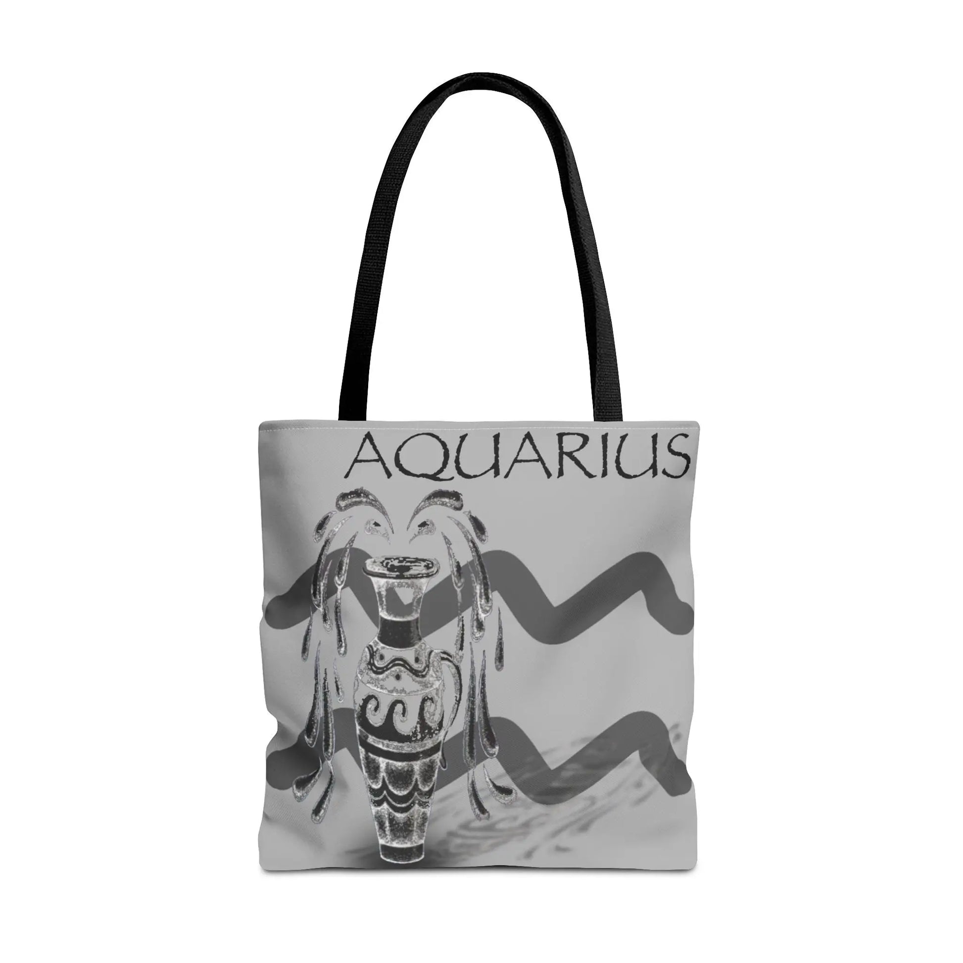 Aquarius Zodiac Tote Bag - Front view showing the Water Bearer emblem on a gray canvas.