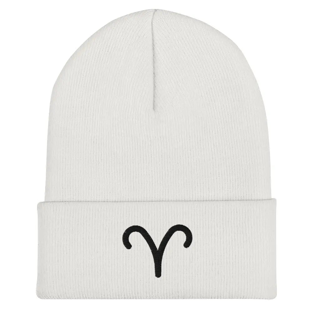 White Aries Zodiac Beanie - Front view of embroidered knit hat.