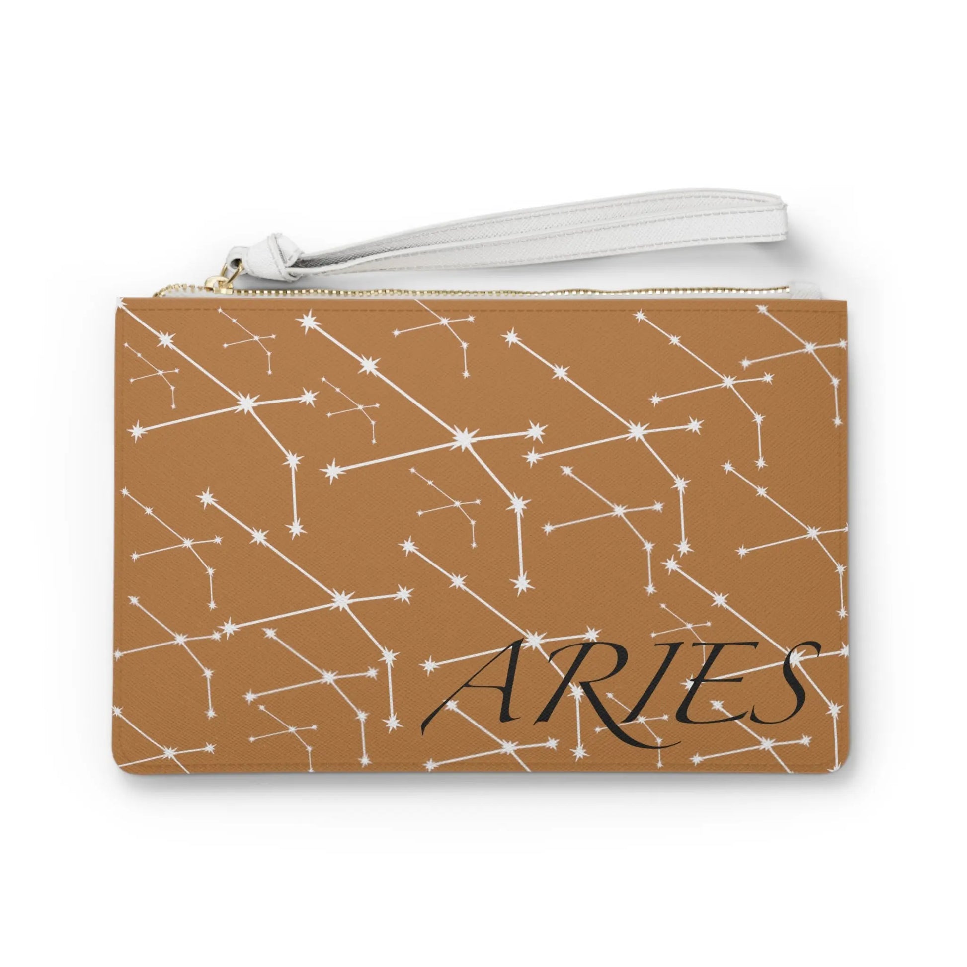 Aries Zodiac Clutch - Front view of brown vegan leather purse with white constellation print.