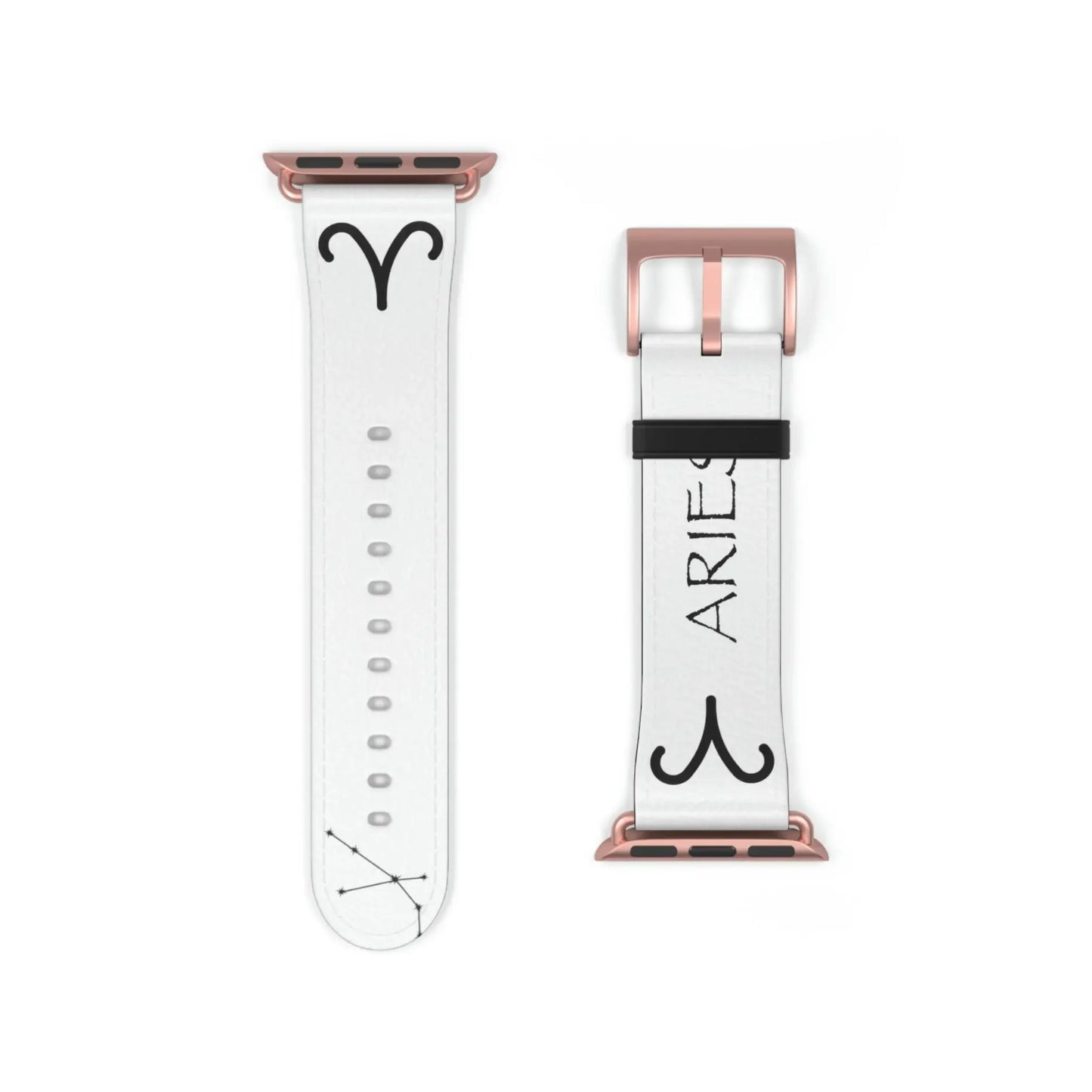 White Aries zodiac watch band with constellation and symbol, rose gold buckle, astrology accessory