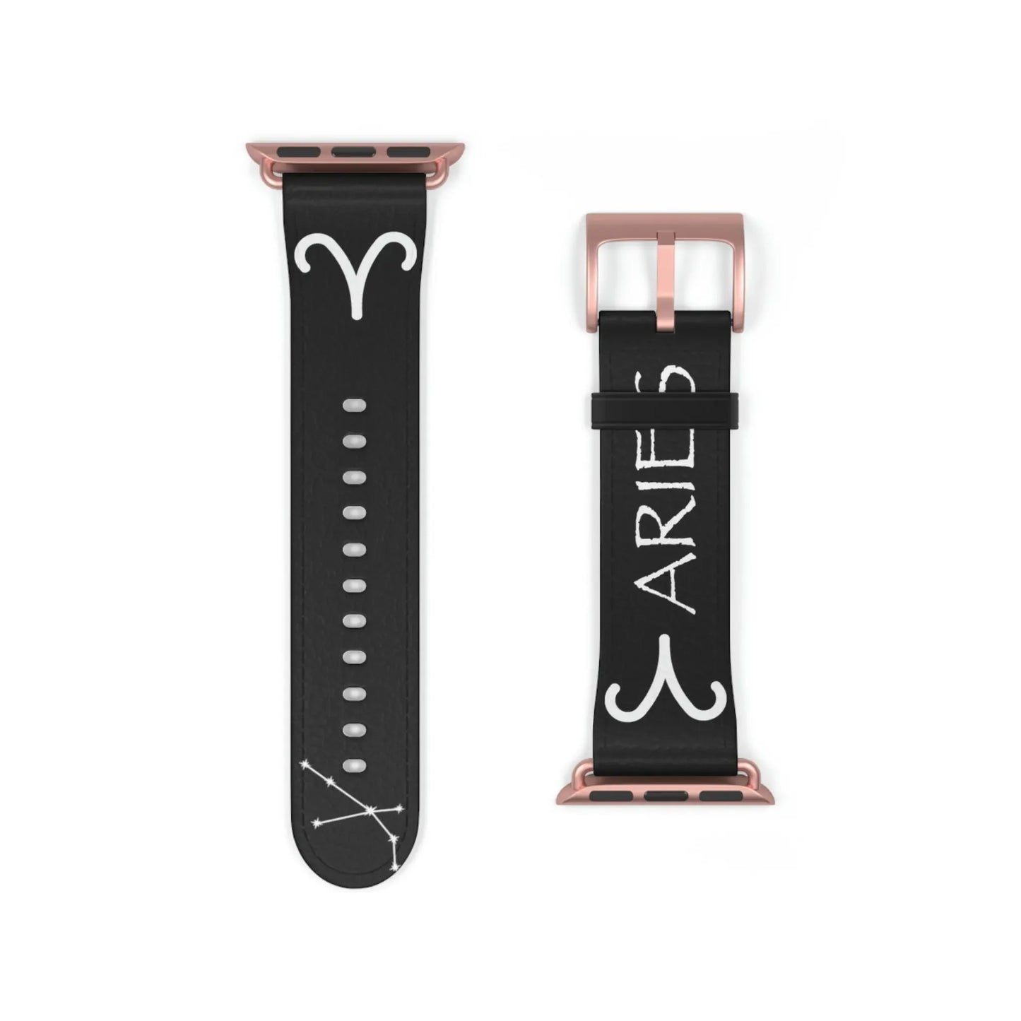 Black Aries zodiac watch band with white constellation and symbol, rose gold buckle