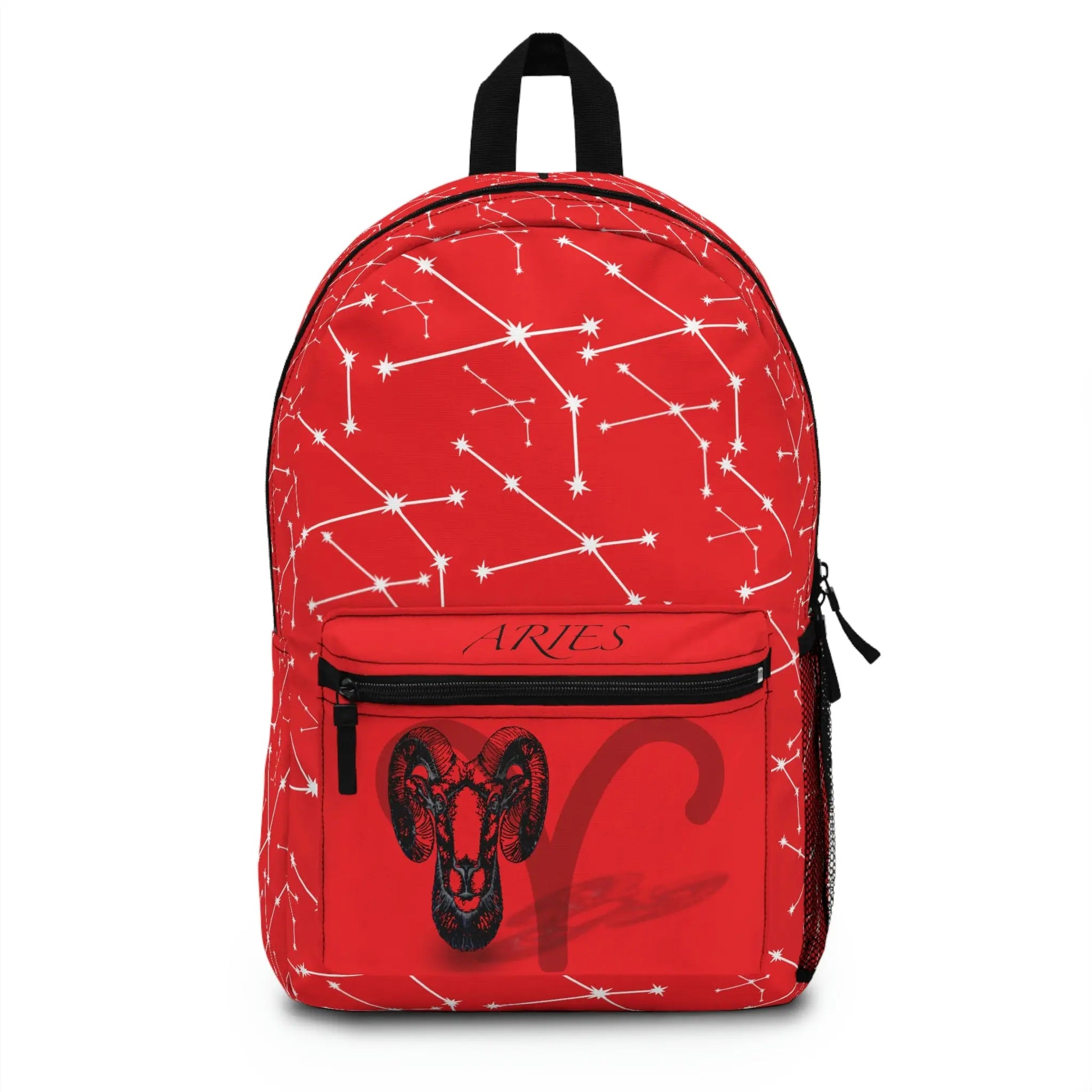 Red Aries Zodiac Backpack - Front view showing the constellation print and front pocket emblem.