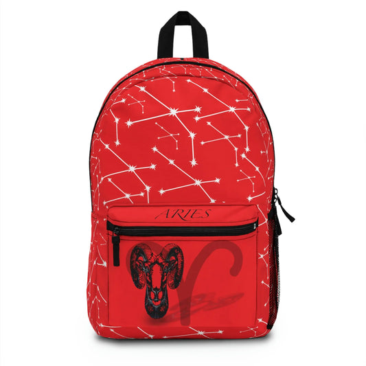 Red Aries Zodiac Backpack - Front view showing the constellation print and front pocket emblem.