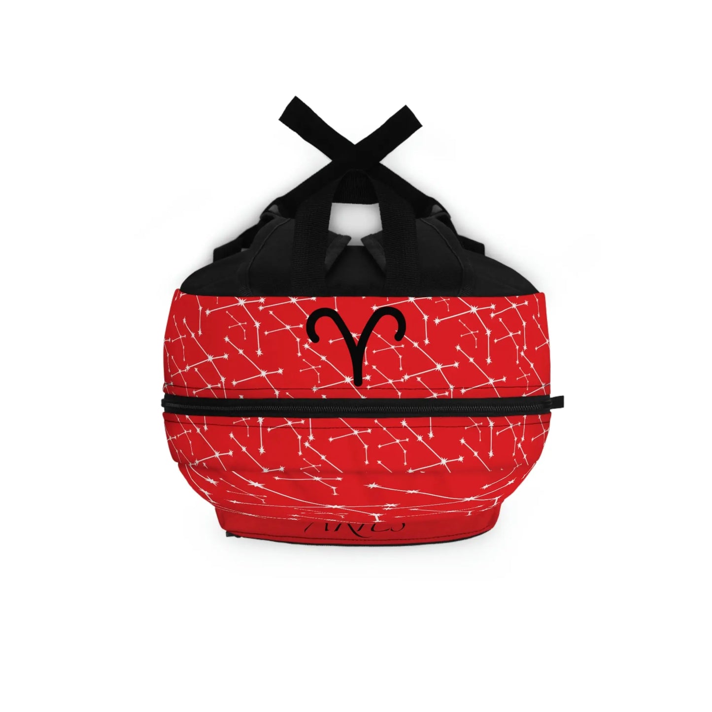 Top-down view of the red Aries Zodiac Backpack, showing the main zipper opening and shoulder straps.