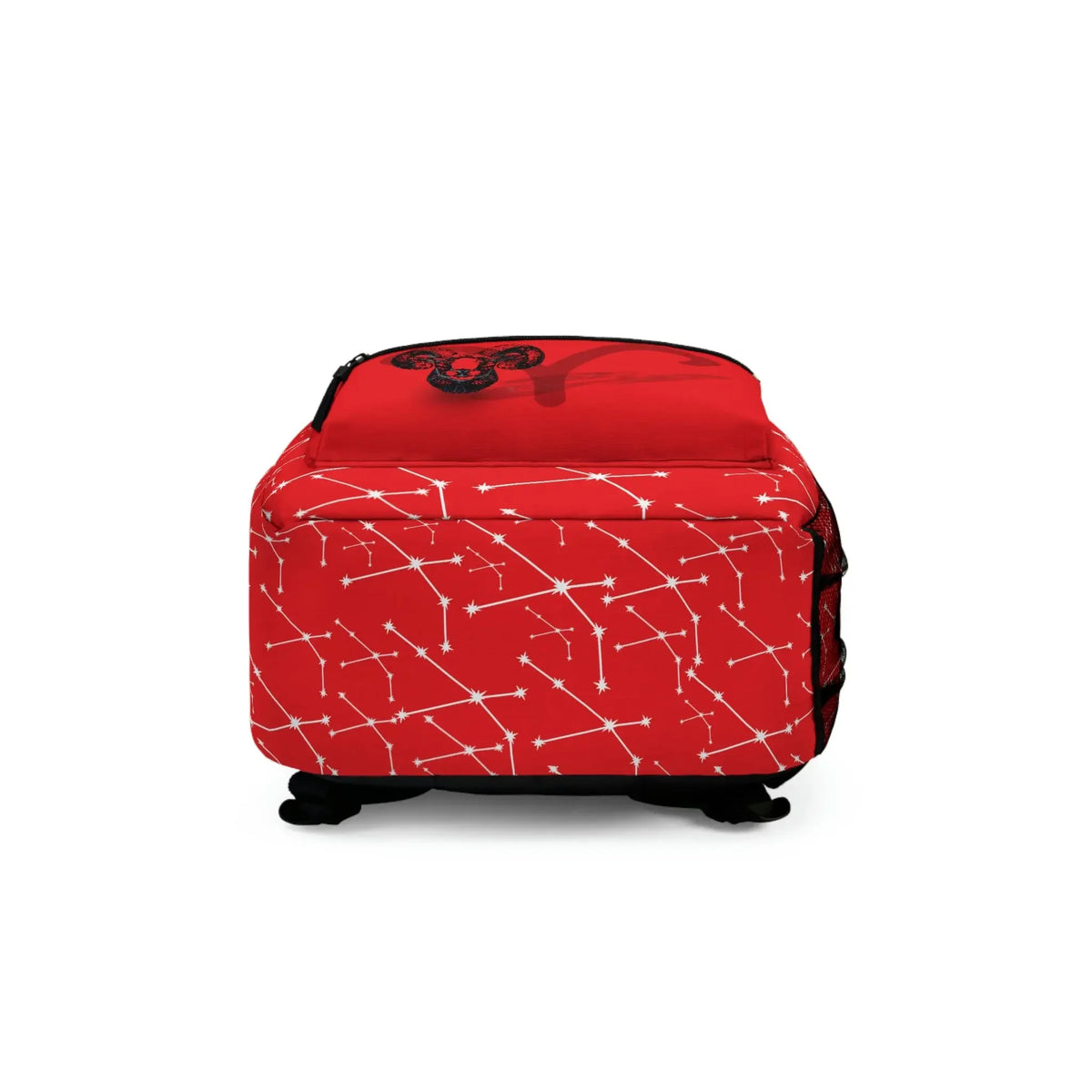 Red backpack with white constellation patterns and black zodiac symbol, ideal for astrology lovers.