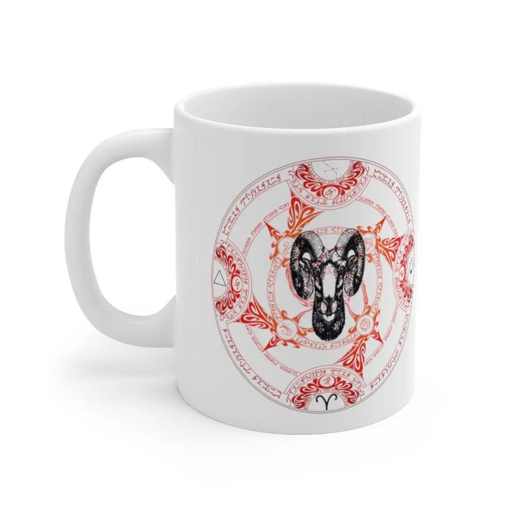 Aries Zodiac Mug - Right side with intricate red elemental sigil and Ram, clean white background.