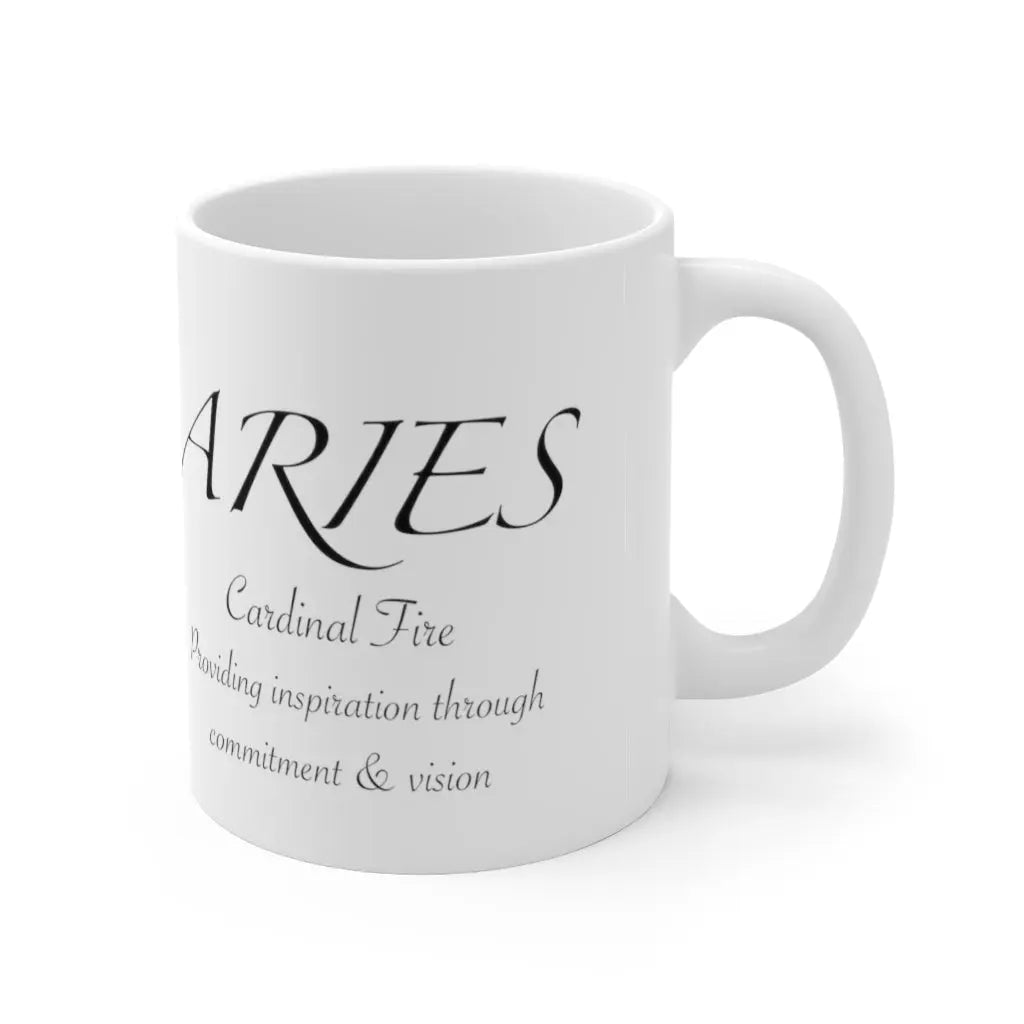 Aries Zodiac Mug - Left side with "Cardinal Fire" quote, clean white background.