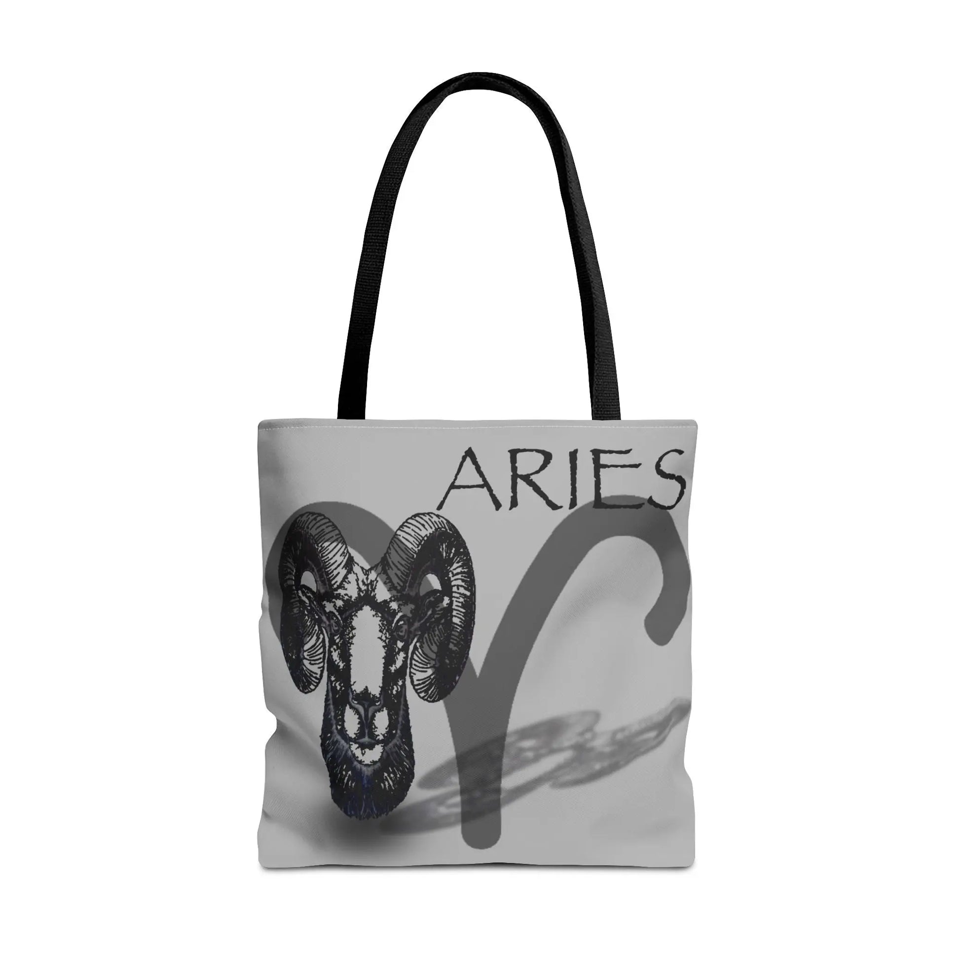 Aries Zodiac Tote Bag - Front view showing the ram head emblem on a gray canvas.