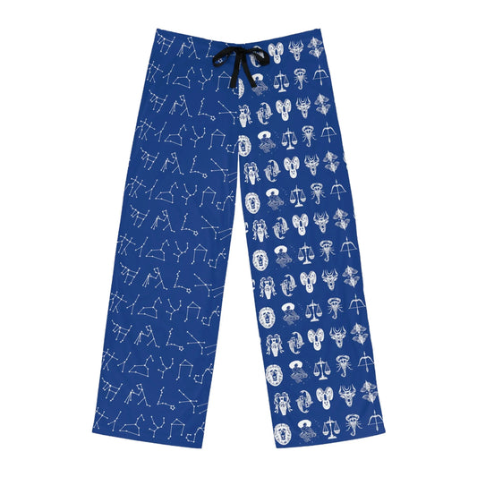 Astrology Men's Lounge Pants - Front view showing zodiac symbols and constellations on each leg.