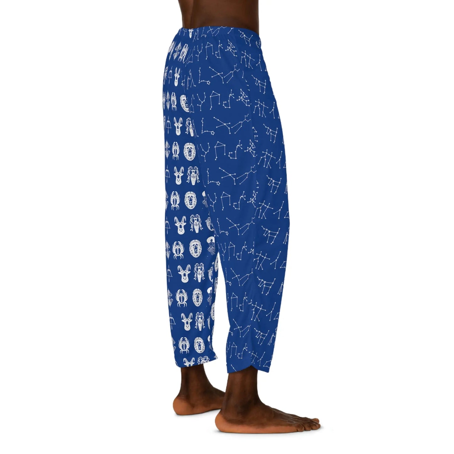 Model wearing the Astrology Pajama Pants - Side view showing the detailed constellation pattern.