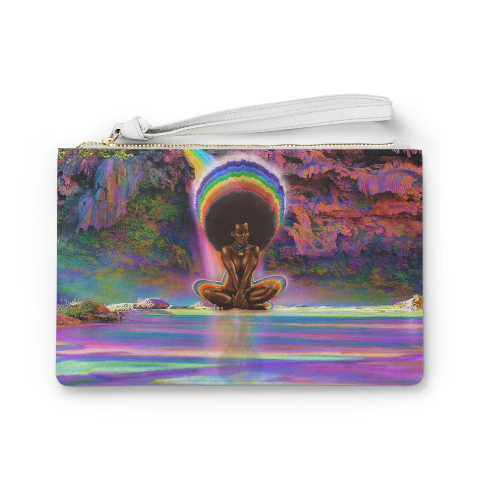 Black Girl Magic Clutch - Front view of a vegan leather purse featuring vibrant artwork of a Black woman's Kundalini awakening.