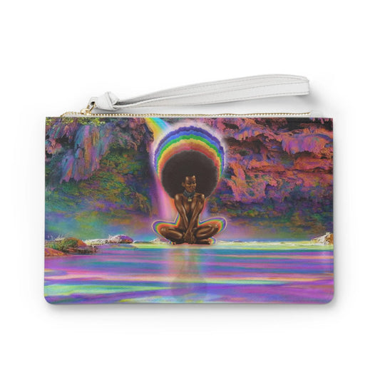 Black Girl Magic Clutch - Front view of a vegan leather purse featuring vibrant artwork of a Black woman's Kundalini awakening.